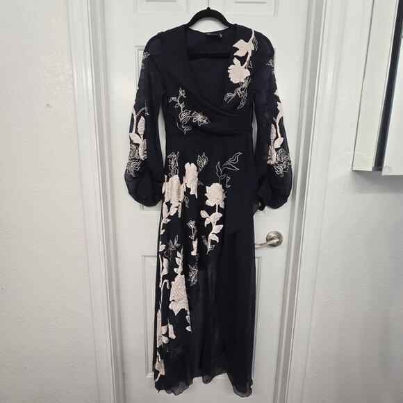 ASOS Black Midi Dress with White Floral Embroidery - Picture 2 of 11